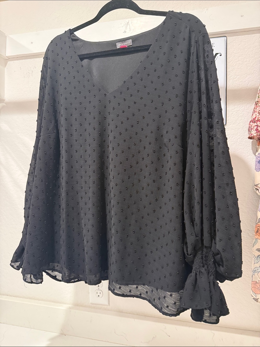 Vince Camuto Black Swiss Dot V-Neck Tie-Sleeve Blouse